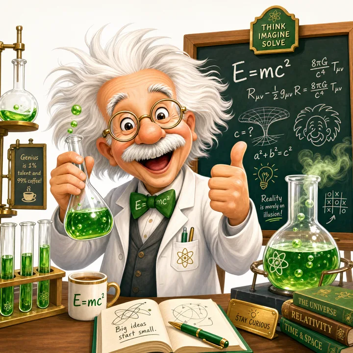 Cartoon Einstein giving a thumbs up in his lab