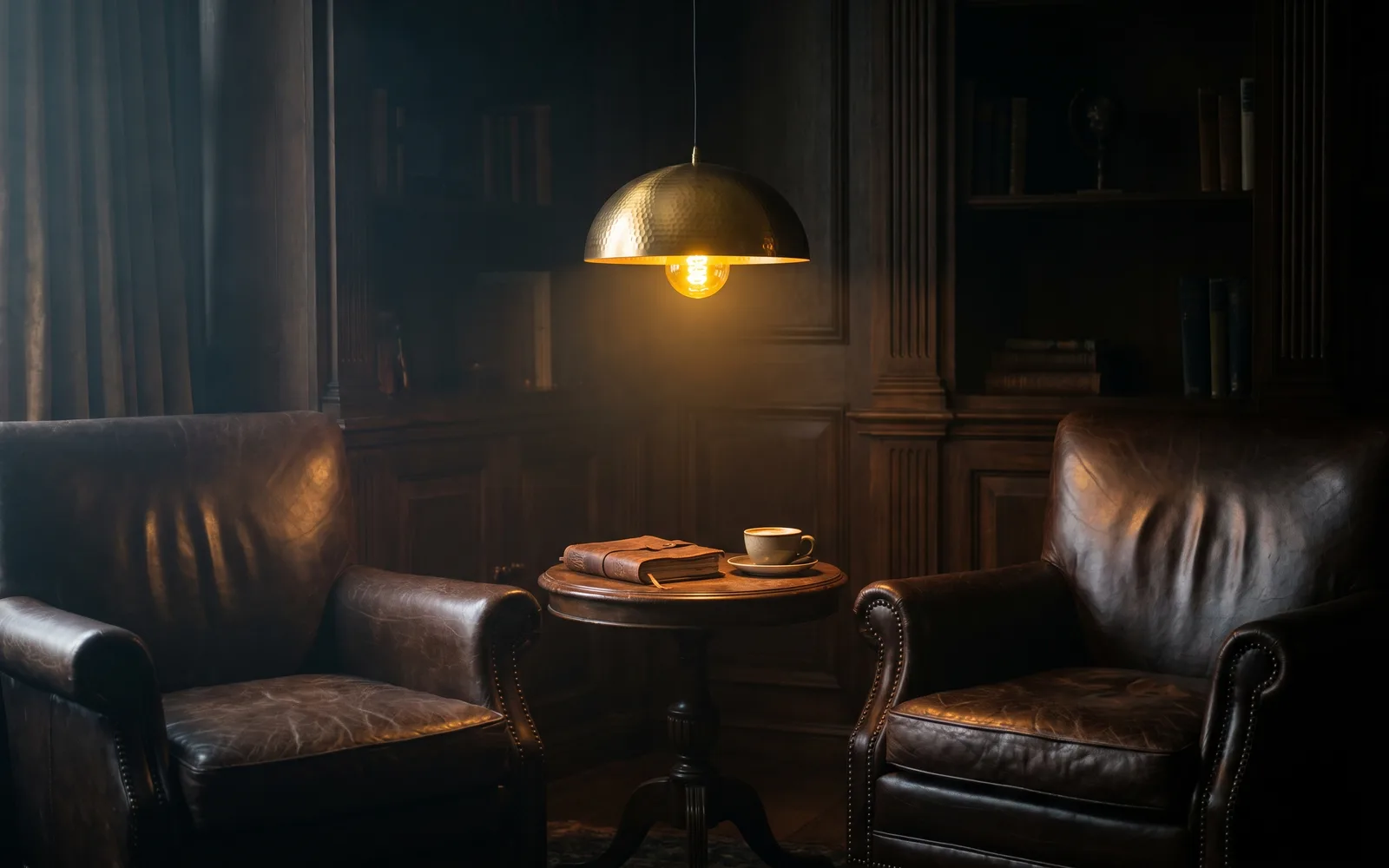 Two chairs facing each other under warm gold light
