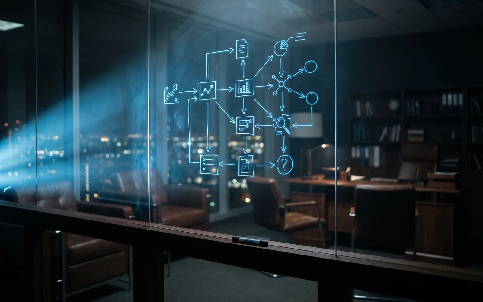 Business operations flow diagram drawn in blue light on an executive office glass wall at night