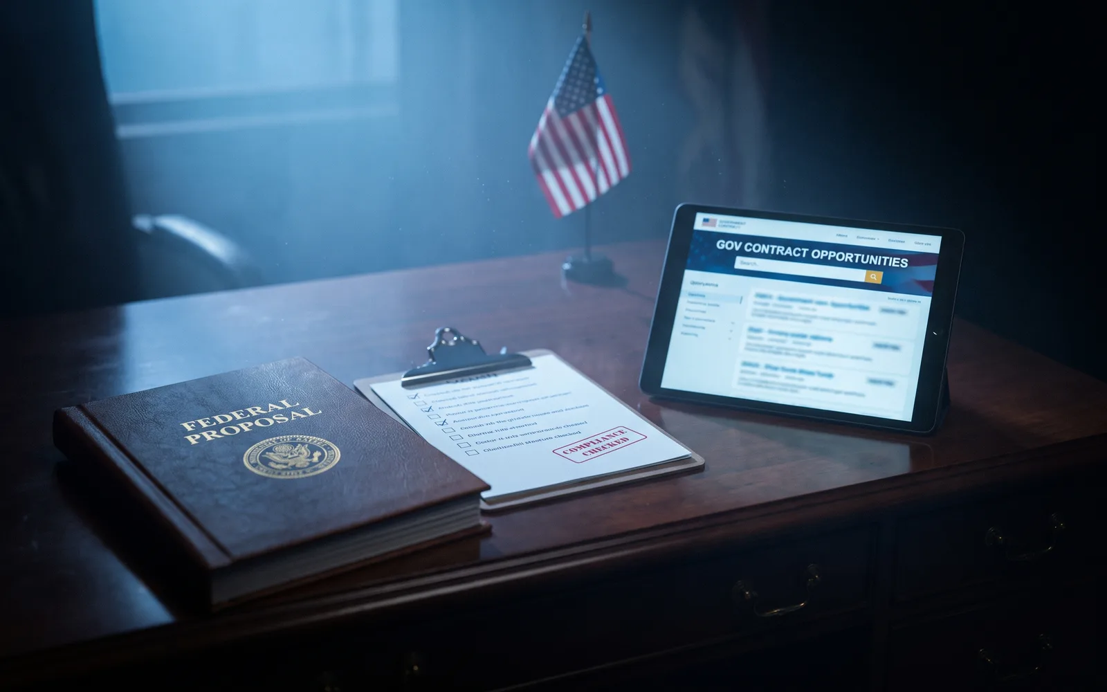 Federal proposal binder, compliance checklist and a tablet showing government contract opportunities on a desk lit in blue