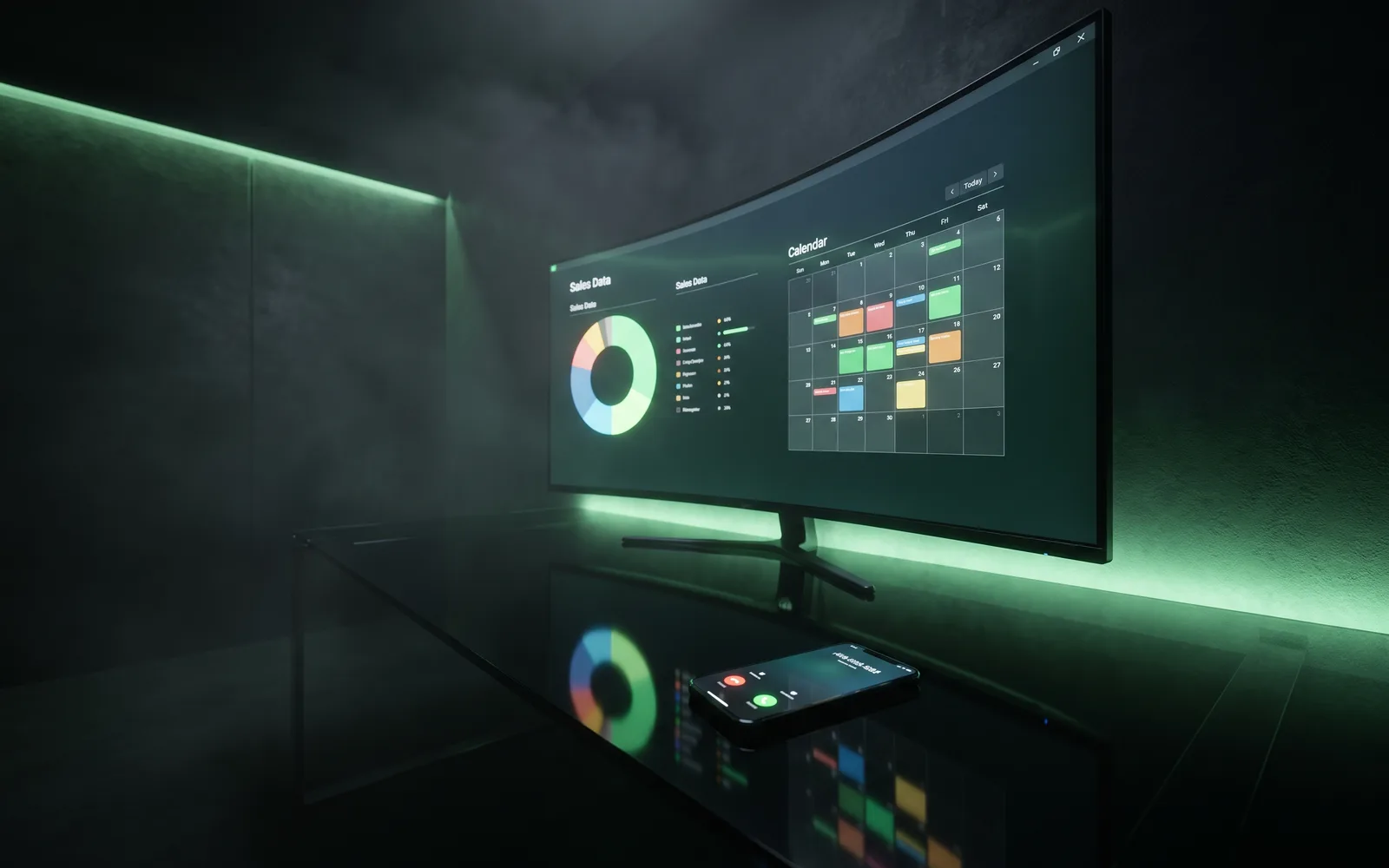 Marketing Spider dashboard glowing green in a dark studio